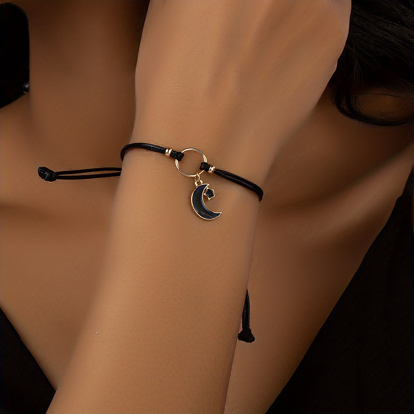 TEMU 1pc/2pcs Minimalist Black Star And Moon Pendant Braided Adjustable Length Bracelet For Women, Worn Alone Or Layered, Suitable For Parties And