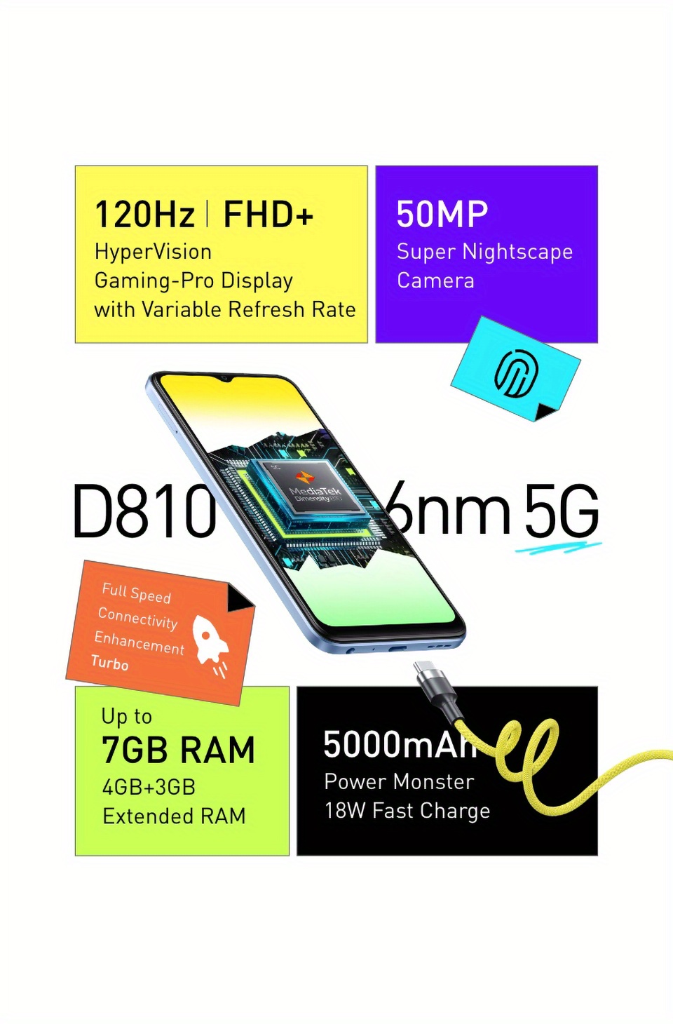 Infinix Hot 20 Nfc Android 12 Xos Smartphone Dimensity 810 6nm Processor  120hz Fhd+ Display 50mp Super Night Camera 5000mah Fast Charge Mobile Phone  4gb /128gb Rom Up To 7gb Extended Global