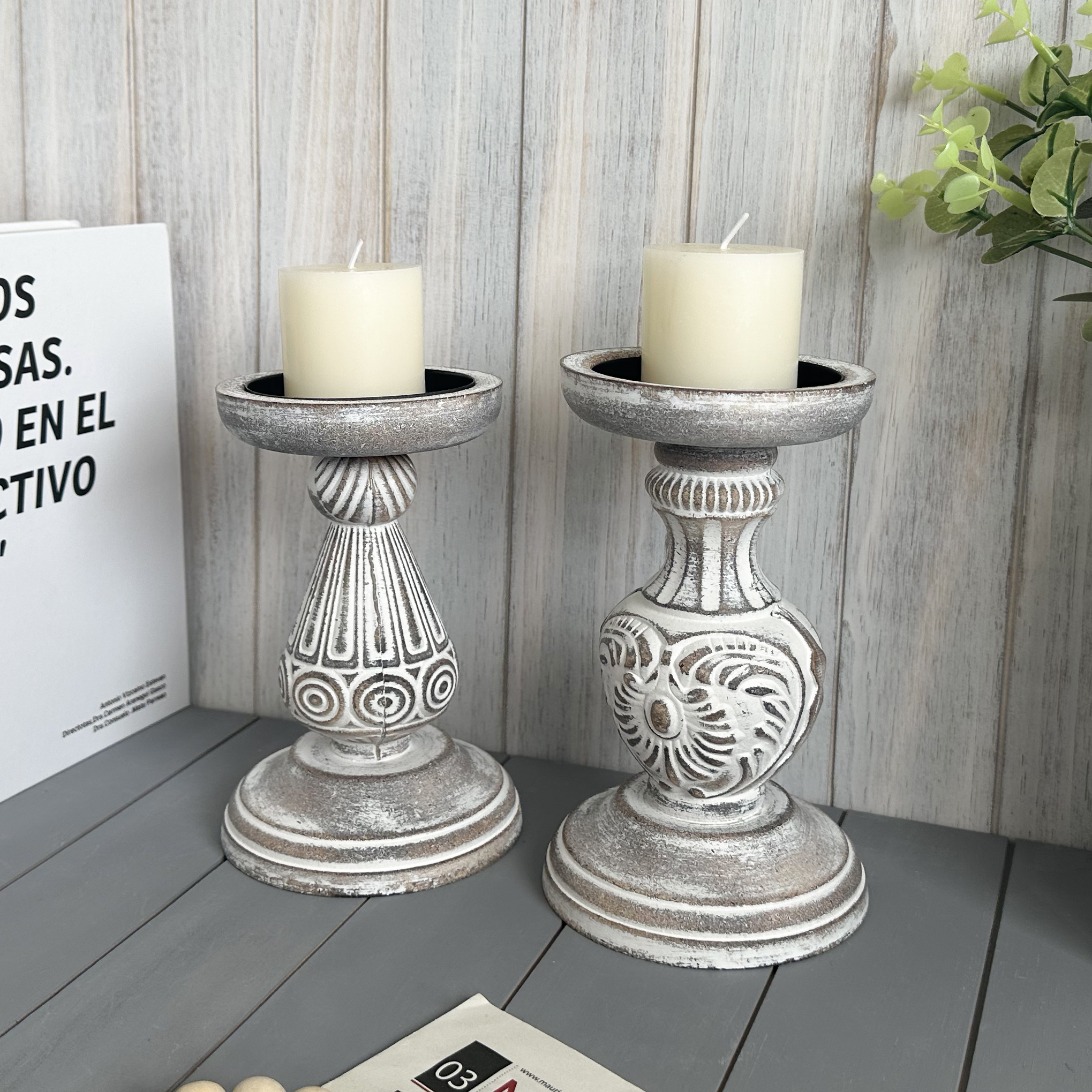 1pc Rustic Farmhouse Pillar Candle Holders Distressed White Wash