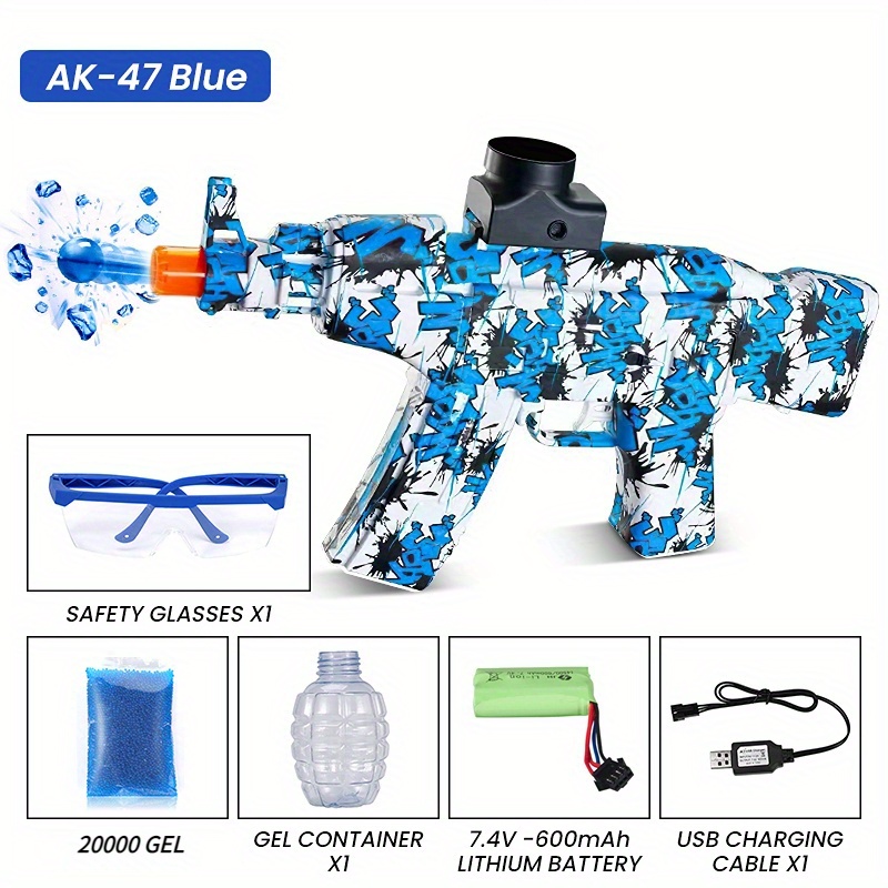  AKM-47 Pistola automática de bolas de gel con bola de  salpicaduras ecológicas, con más de 20000 cuentas de agua, y lentes de  seguridad para actividades al aire libre, juego de disparos