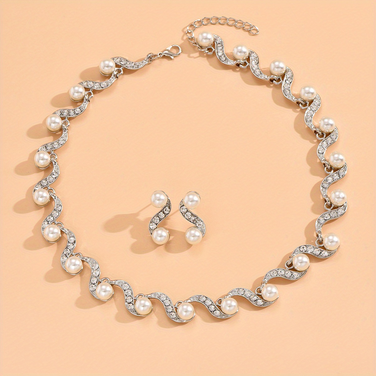 Heart Shape Faux Pearls Jewelry Set With Pendant Necklace & Drop Earrings  Inlaid Shiny Rhinestones Elegant Jewelry Set