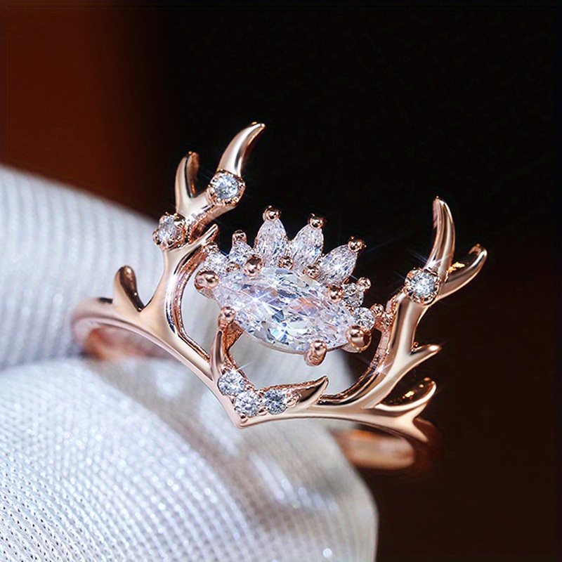 Creative 14K Gold Plated Antlers Rings Deer Horn Inlaid Shiny Zircon Couples Rings For Women Engagement Wedding Party Jewelry Gift