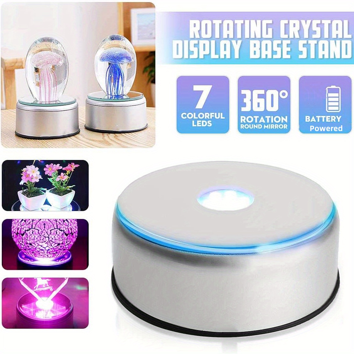 Rotating Stand ,Tumbler Display Turner,LED Colorful Light Rotating Crystal  Display Base Stand Holder with AC US Adapter Silver 