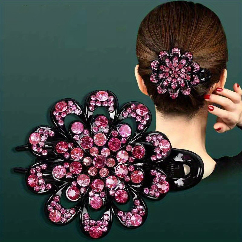 Rhinestones Flower Hair Clip Ponytail Hairclip Duckbill Hairpin Crystal Fancy Hair Accessories Women - Temu