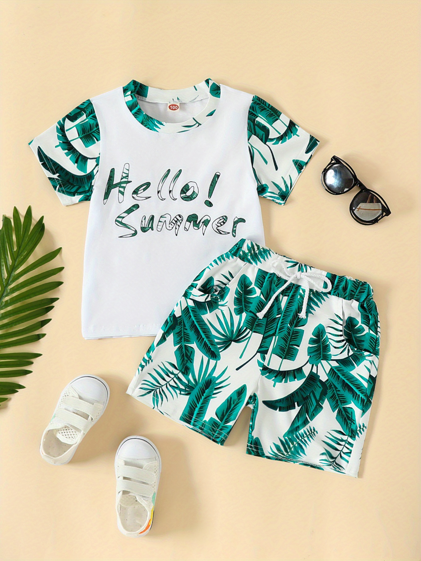 Kids Boys Tropical Palm Leaf Print Shirt & Pant Set main image 1