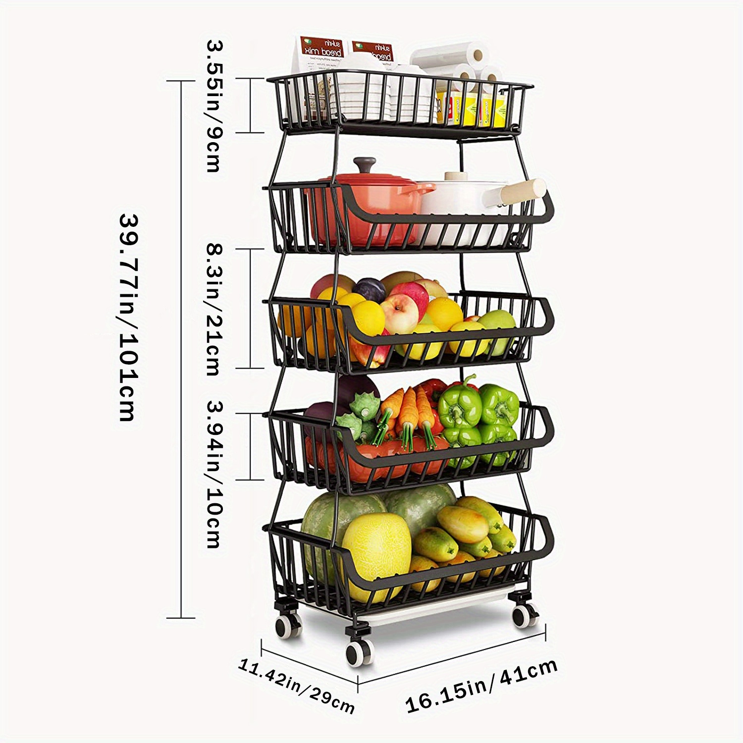  Cesta de frutas de 4 niveles para cocina, cestas plegables de  almacenamiento de alambre de metal con ruedas, cesta de almacenamiento de  frutas y verduras, carrito de almacenamiento rodante para cocina