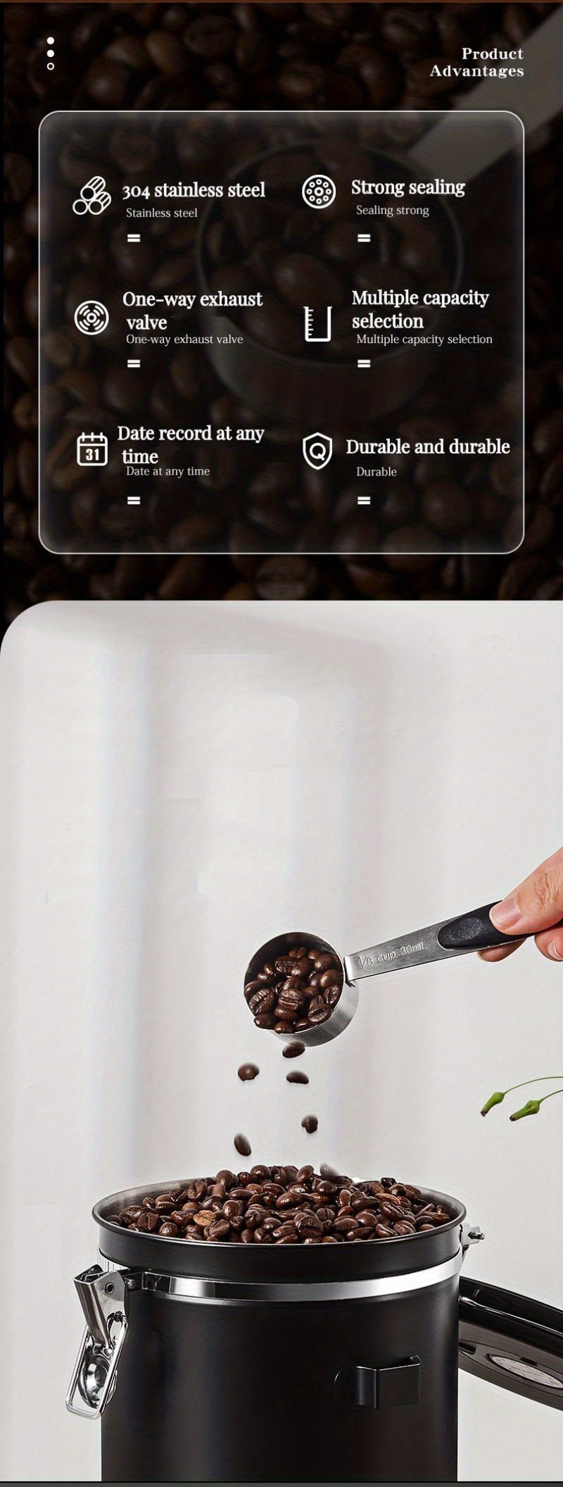 Edelstahl Luftdichter Kaffeebehälter Aufbewahrungskanister Set Kaffeeglas  Kanister mit Schaufel für Kaffeebohnen Tee 1,8l