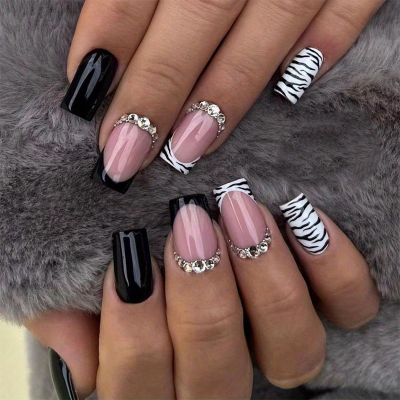 French Tip Press Nails Court Carr Faux Ongles Noir Blanc Temu