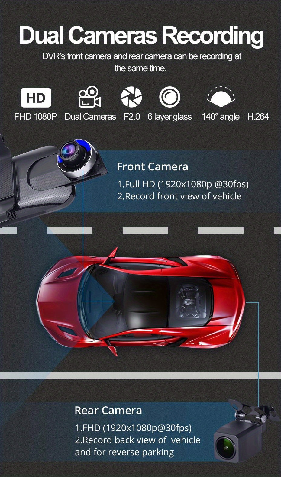 Dash CaméRa Panorama À 360 DegréS Dashcam Voiture Full Hd 1080P ÉCran De 4  Pouces Dash Cam Pour Voiture Avec Hdr Night Vision, Capteur, Mode Parking  Dual lens,One Size : : Auto