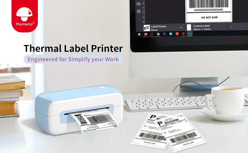 phomemo 4x6 shipping label printer for small business high speed thermal sticker label maker work with windows  linux chrome os shipping printer barcode household label for e commerce blue details 0
