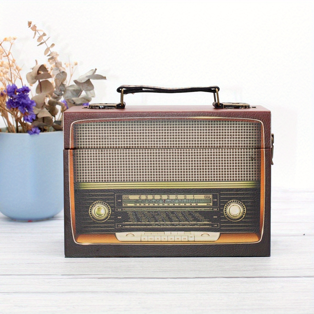 Image of 1pc Wooden Pu Storage Box, Vintage Radio Shaped Desktop Storage Box, Photo Props, Desktop Background Ornaments Art Supplies