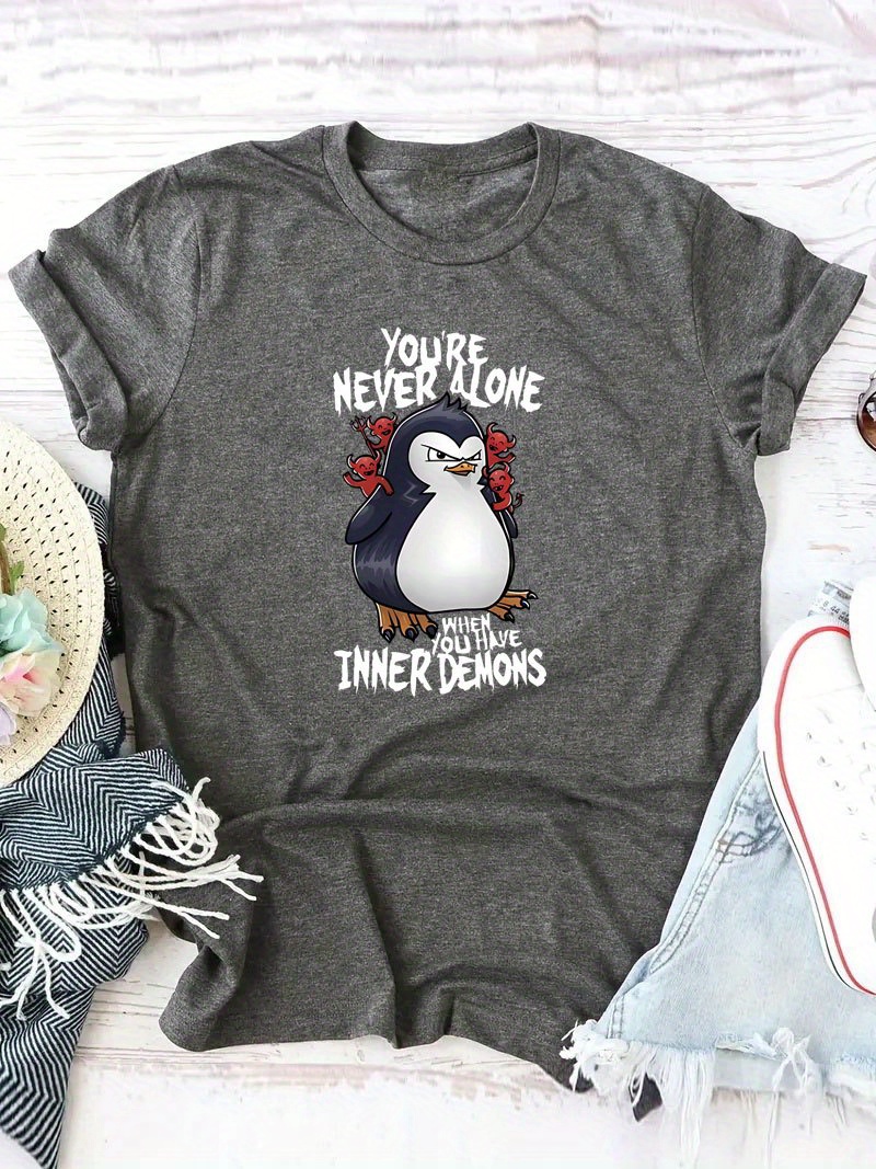 Plus Size Casual T-shirt, Women's Plus Cute Penguin & Slogan Print Short  Sleeve Round Neck Slight Stretch T-shirt - Temu