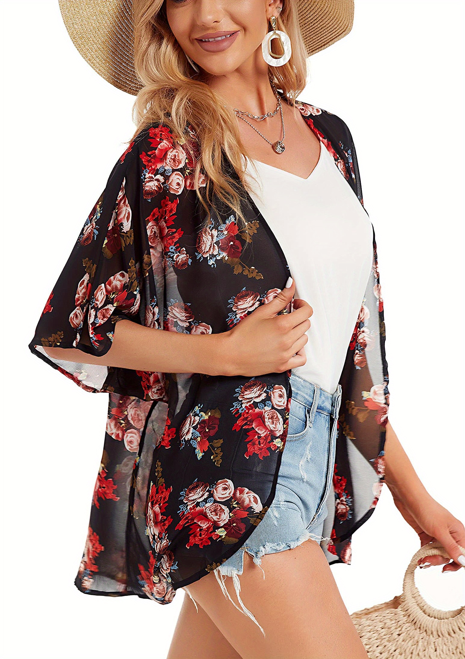 Floral Print Open Front Kimono Boho Cover Kimono Spring - Temu