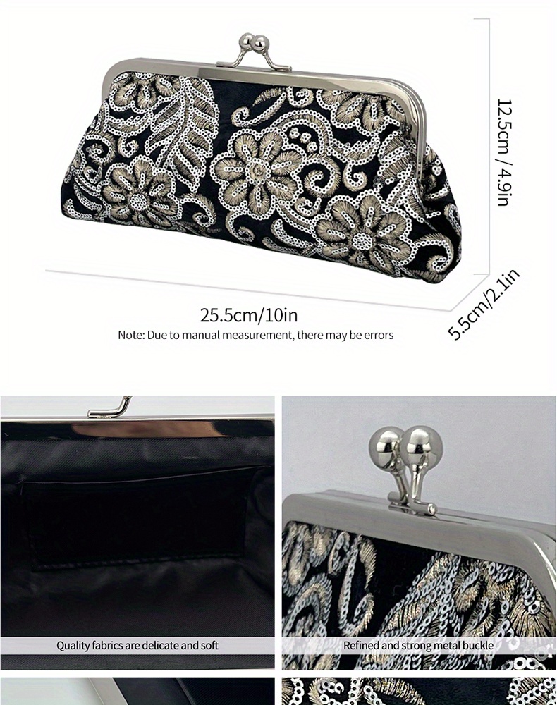 Sequins Flower Evening Bag, Vintage Black Velvet Clutch Purse, Women's Kiss  Lock Handbags For Party Prom Wedding