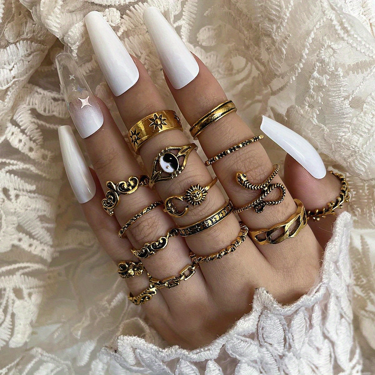 16pc Vintage Stackable Sun Moon Snake Leaf Ring Set