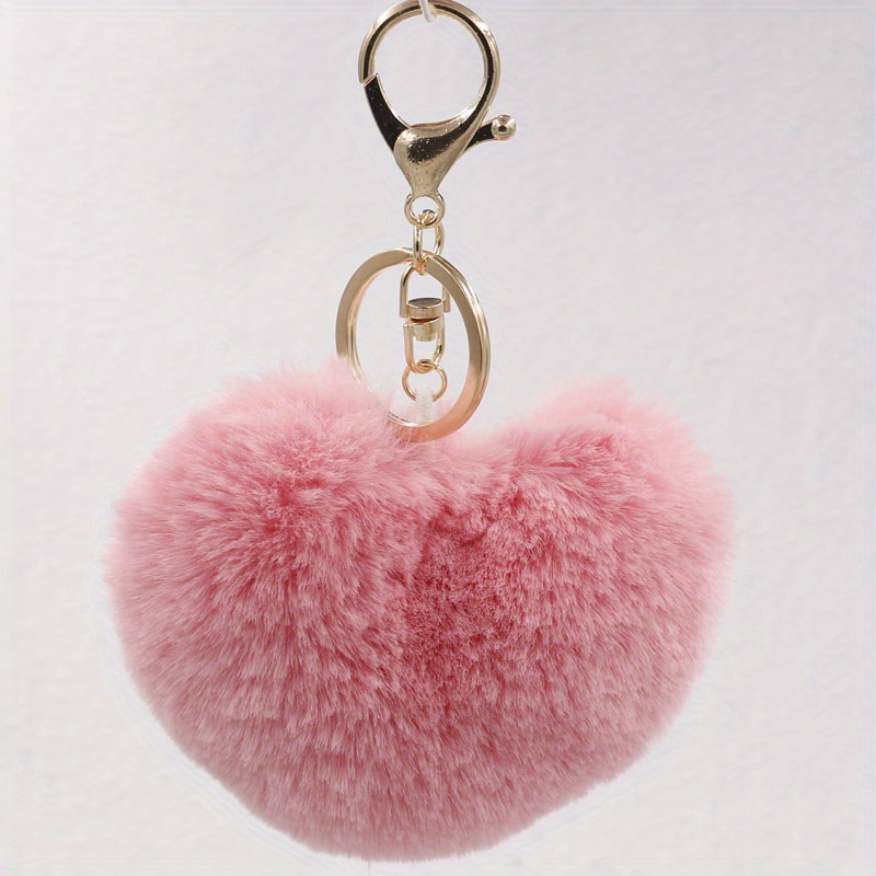 Lovely Heart Shaped Pom Pom Keychain Rabbit Fluffy Plush Peach