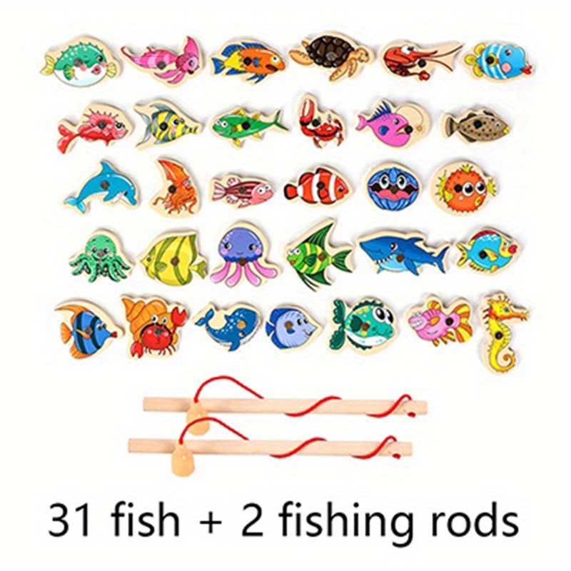 Wooden Kids Magnetic Fishing Game 15 Fishes + 1 Fishing Rods Kids  Educational Toy (Blue Box) 