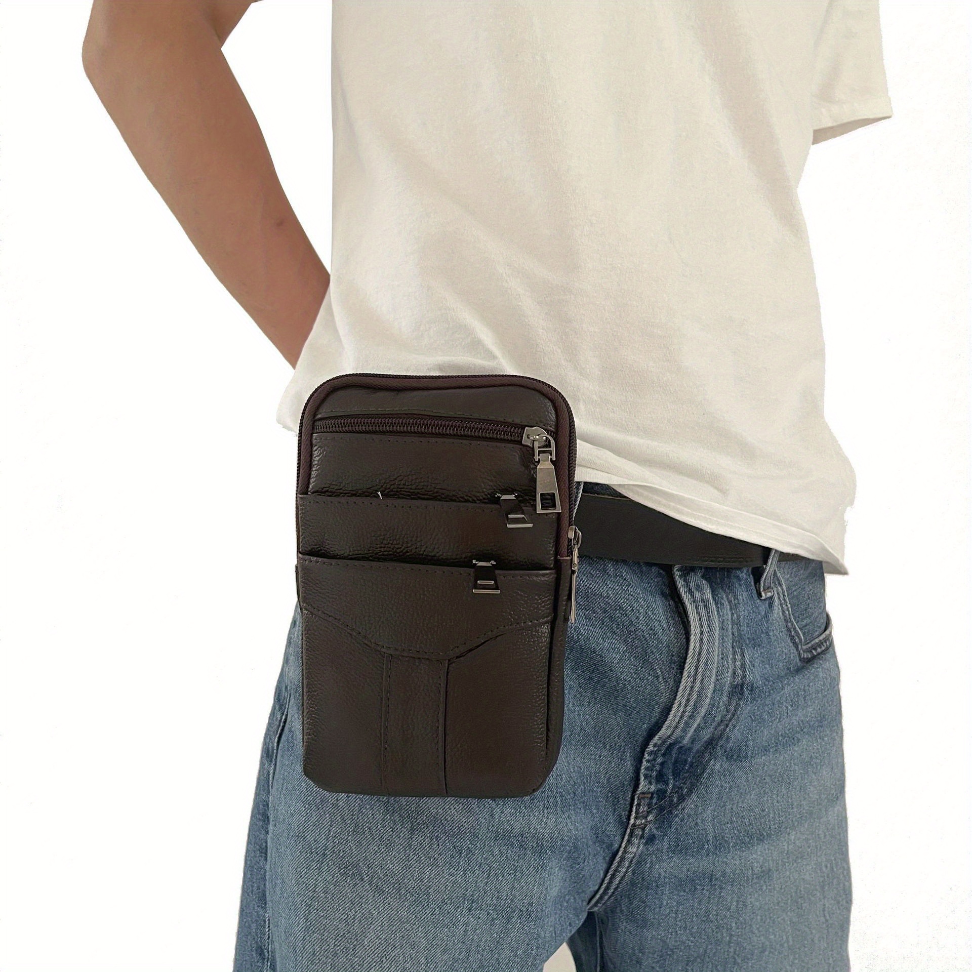 Men's Diagonal Mobile Phone Leather Waist Bag Multilayer Portable