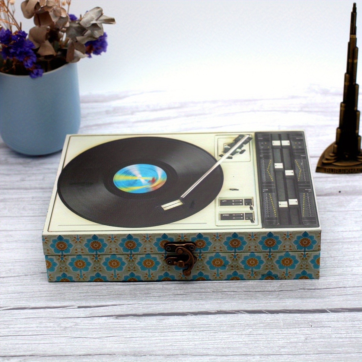 Image of A Wooden Pu, Record Player Design, Vintage-style Desktop Ornament, Storage Box, Jewelry Box