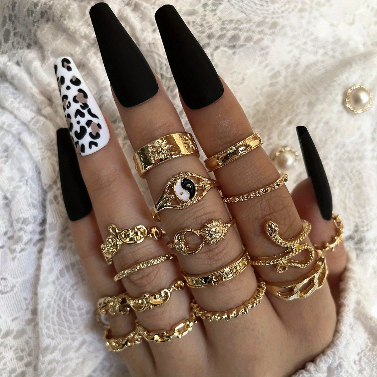 16pc Vintage Stackable Sun Moon Snake Leaf Ring Set