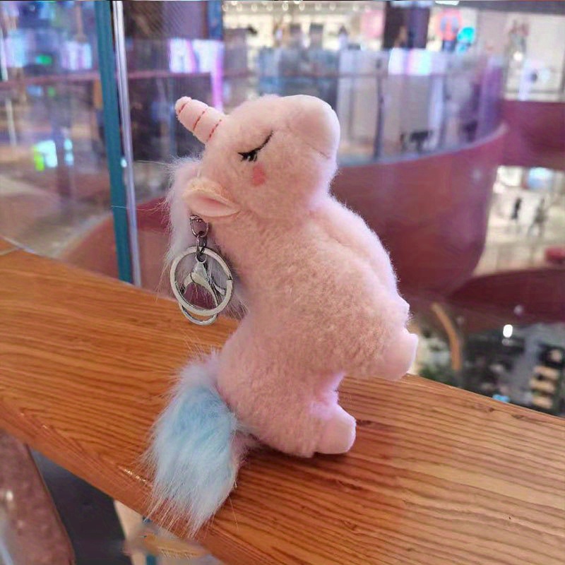 Cute Animal Faux Fur Fluffy Fuzzy Pom Pom Keychain - Unicorn