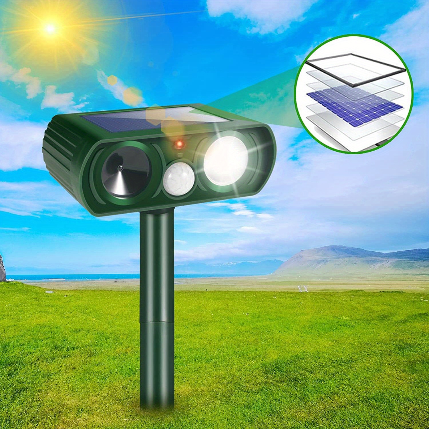 Solar Ultrasonic Animal Repeller, Led Flashing Light, Fox, Deer, Etc