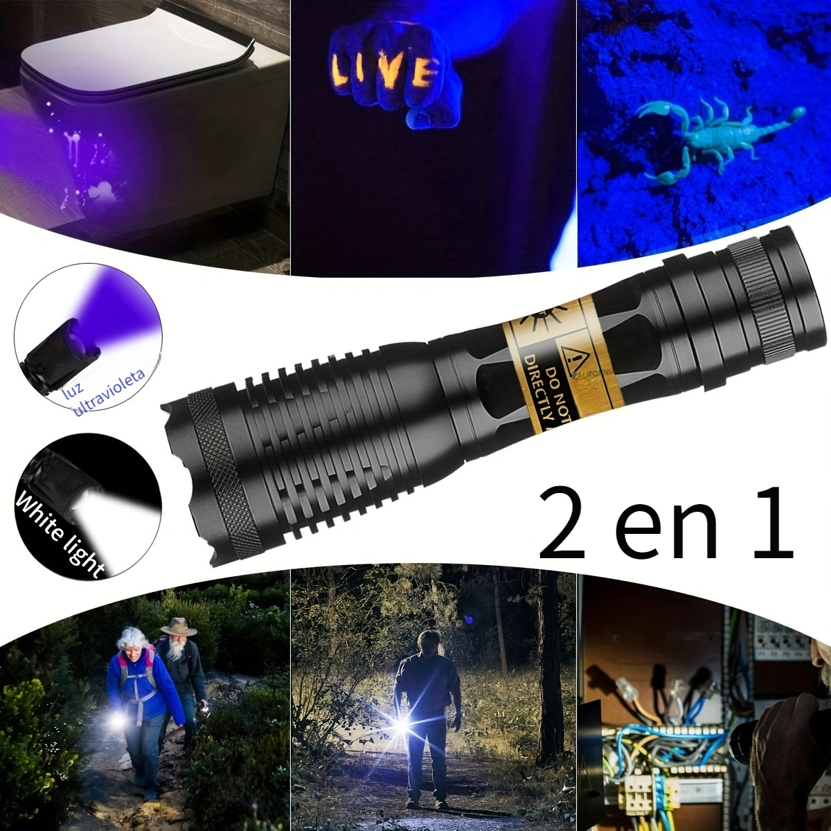 Linterna Doble Luz 2 En 1, + Luz Negra Uv, Detección Orina