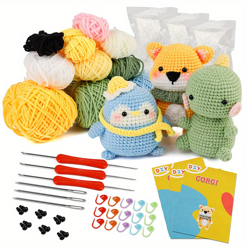 Beginner Crochet Kit 3 PCS Cute Dinosaurs Complete Crochet Kit for  Beginners