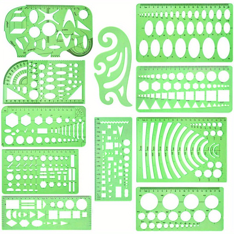 11PCS Geometric Drawings Templates, Drafting Stencils Measuring Tools,  BetyBedy Plastic Clear Green Ruler Shapes with a Zipper Bags for  Architecture, Office, Studying, Designing and Building