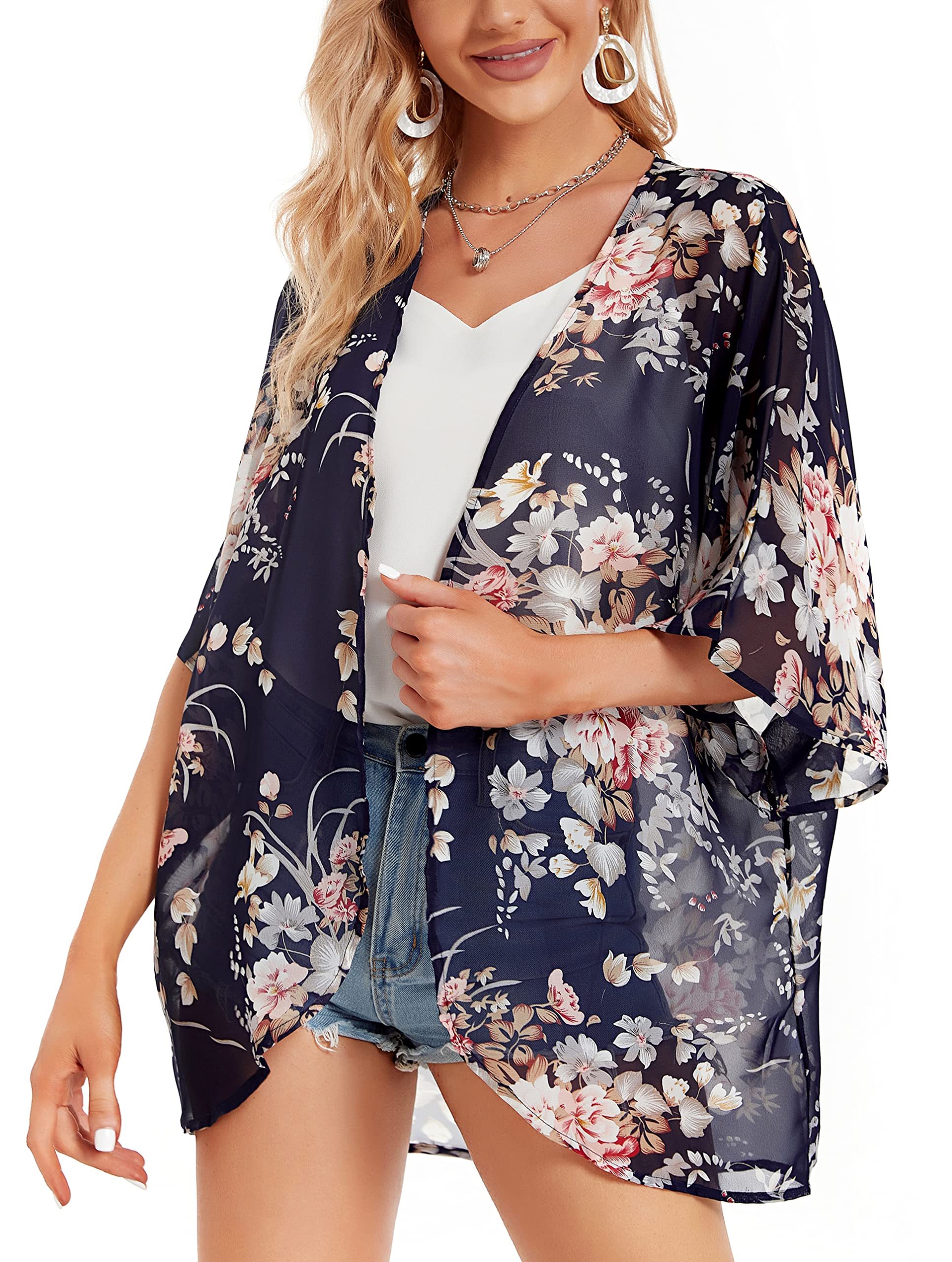 Floral Print Open Front Kimono Boho Cover Up Kimono For - Temu