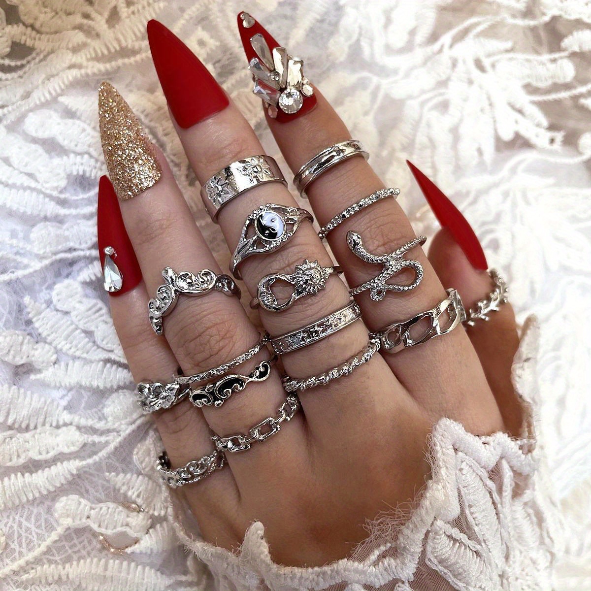 16pc Vintage Stackable Sun Moon Snake Leaf Ring Set