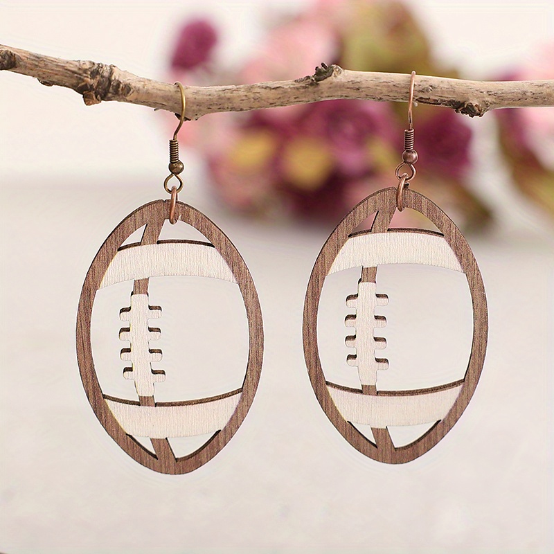 creative hollow football wooden drop dangle earrings retro jewelry gift details 1