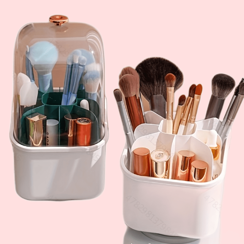 Acrylic Brush Holder,Dustproof Makeup Brush Organizer with Lid, Covered  Cosmetic Brush Holder with White Pearls,Clear -NEWCREA