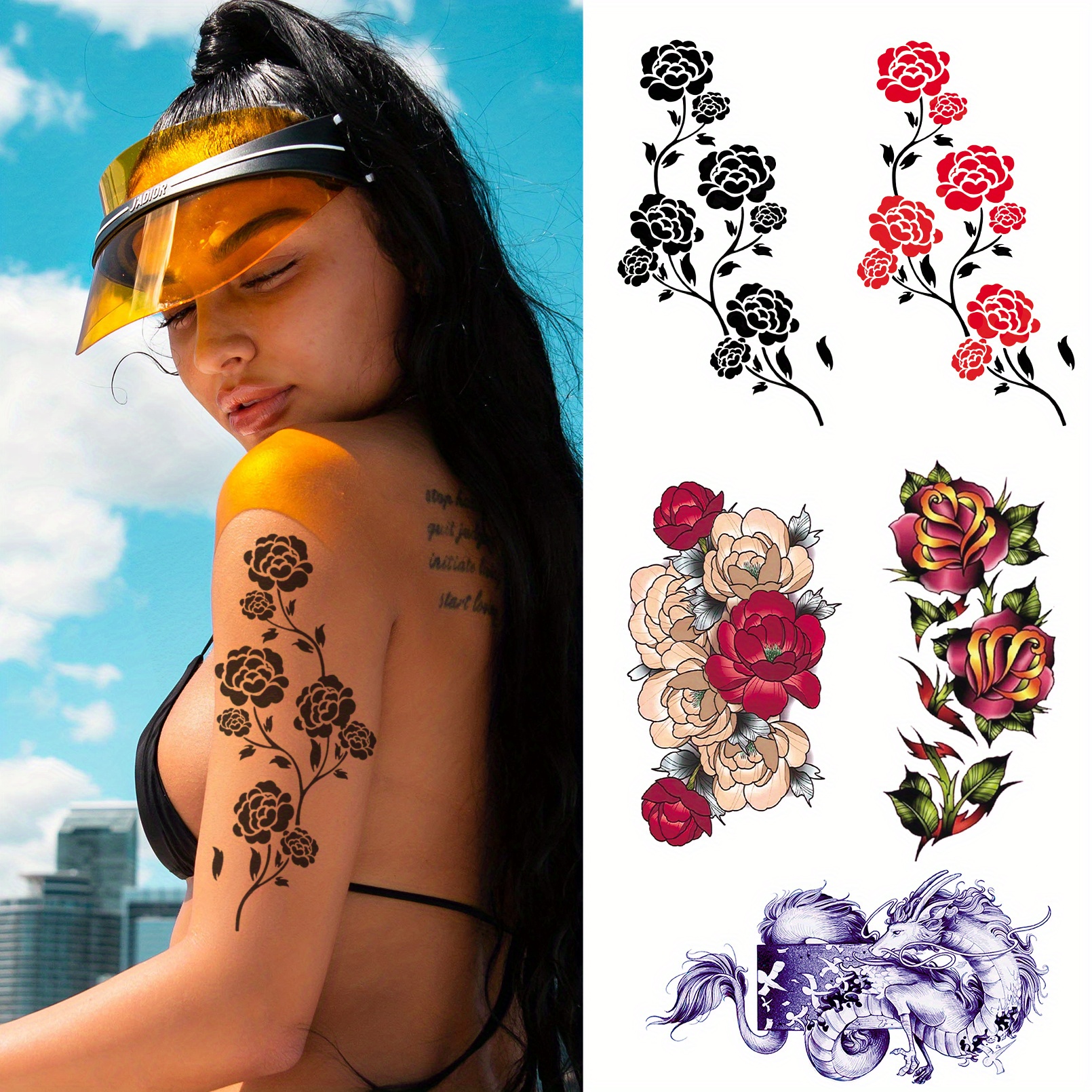 Tattoo Sticker,1 Sheet Chinese Dragon & Flower Print Temporary Tattoos For  Men,Tattoo Stickers Adults,Realistic Tattoo Flower,For Women and Girls