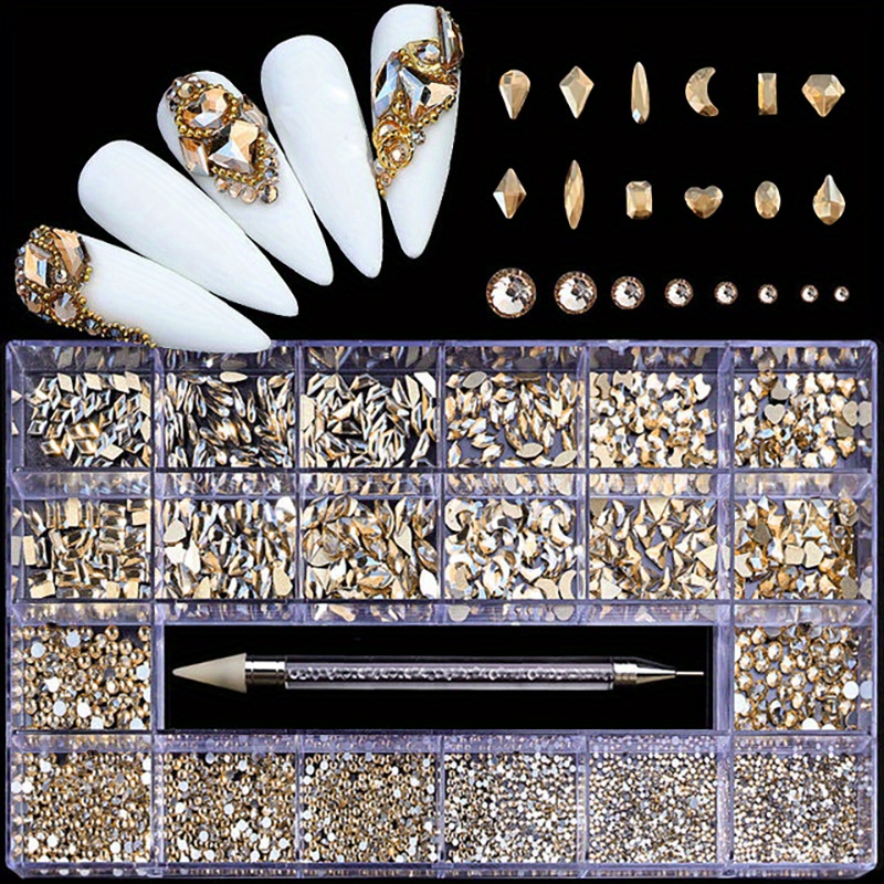 12 Grids 3d Flatback Mixed Shape Nail Decor Kit, With Stiletto Champagne  Gold Rhinestones For Nail Art Diy,temu