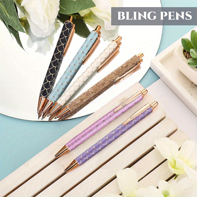 6pcs Fancy Pretty Pens Journaling Pens For Women Girls ,Gift Pens Glitter  Ballpoint Pens With Retractable Writing Black Ink Medium Point 1.0 Mm For Ho