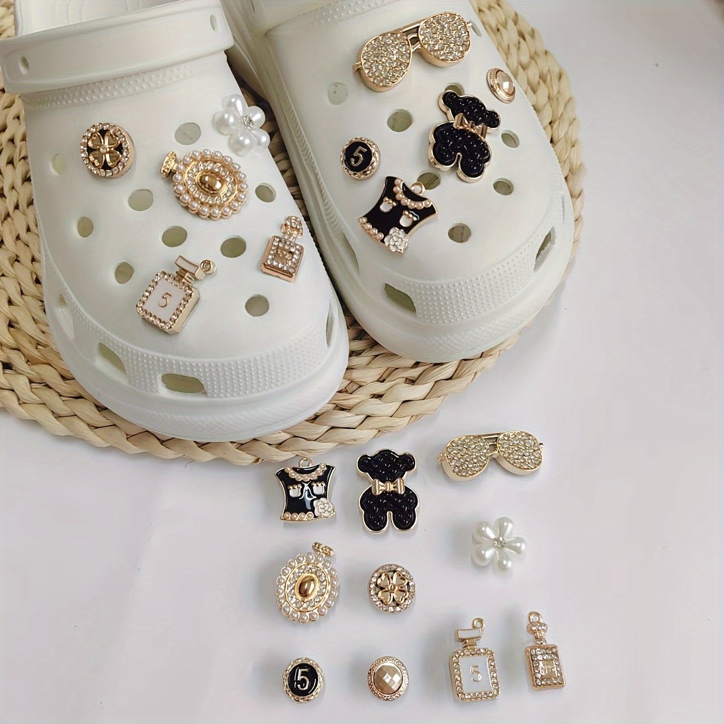 Hole Shoes Accessories Golden Rhinestone Chain Cute Bear Clothes With Drill  Glasses Perfume Bottle Flowers Good-looking Fashion Atmosphere, Applicable  To Birthday Party Daily Leisure Go Out Shoes Decoration Can Also Be A