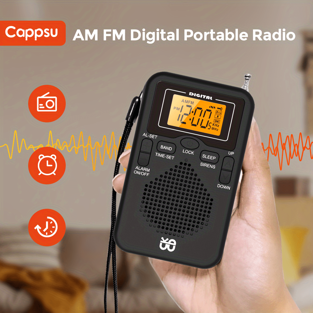  Radio portátil AM FM, radio de bolsillo con la mejor recepción,  radio transistor con pantalla digital grande, temporizador de sueño,  conector de auriculares estéreo y reloj despertador operado por 2 pilas