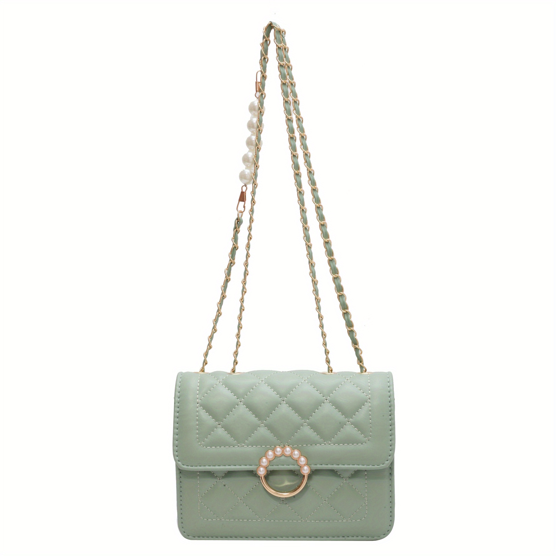 Mini Bucket Bag Funky Neon-green Quilted Faux Pearl Decor Chain PU