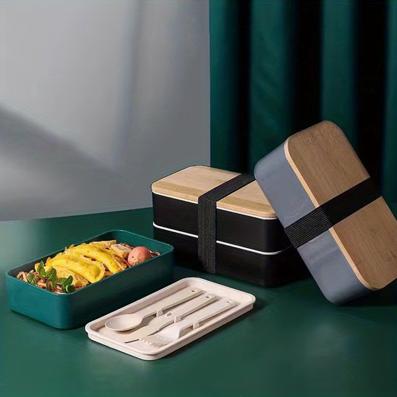 1pc Plastic Double-layer Bento Box With Knife, Fork, Spoon & Bamboo/wood  Cover, Japanese-style Multi-layer Lunch Box For Students And Office Workers