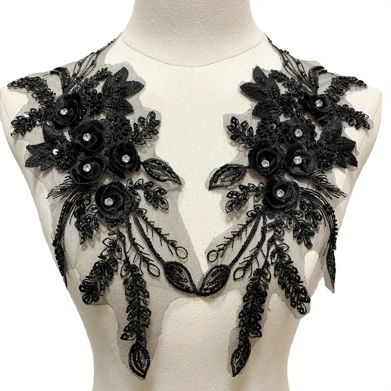 2pcs/set Black Embroidery Flower Patches Sequin Handmade DIY Applique  Wedding Dress Clothing Accessories Lace Patch