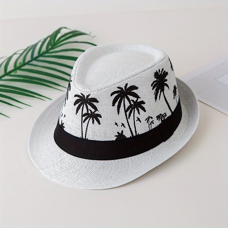 Palm Tree Jazz Hat Sun Protection Unisex Short Brim Straw Hat Shade  Breathable Beach Hat Men's Summer Cap