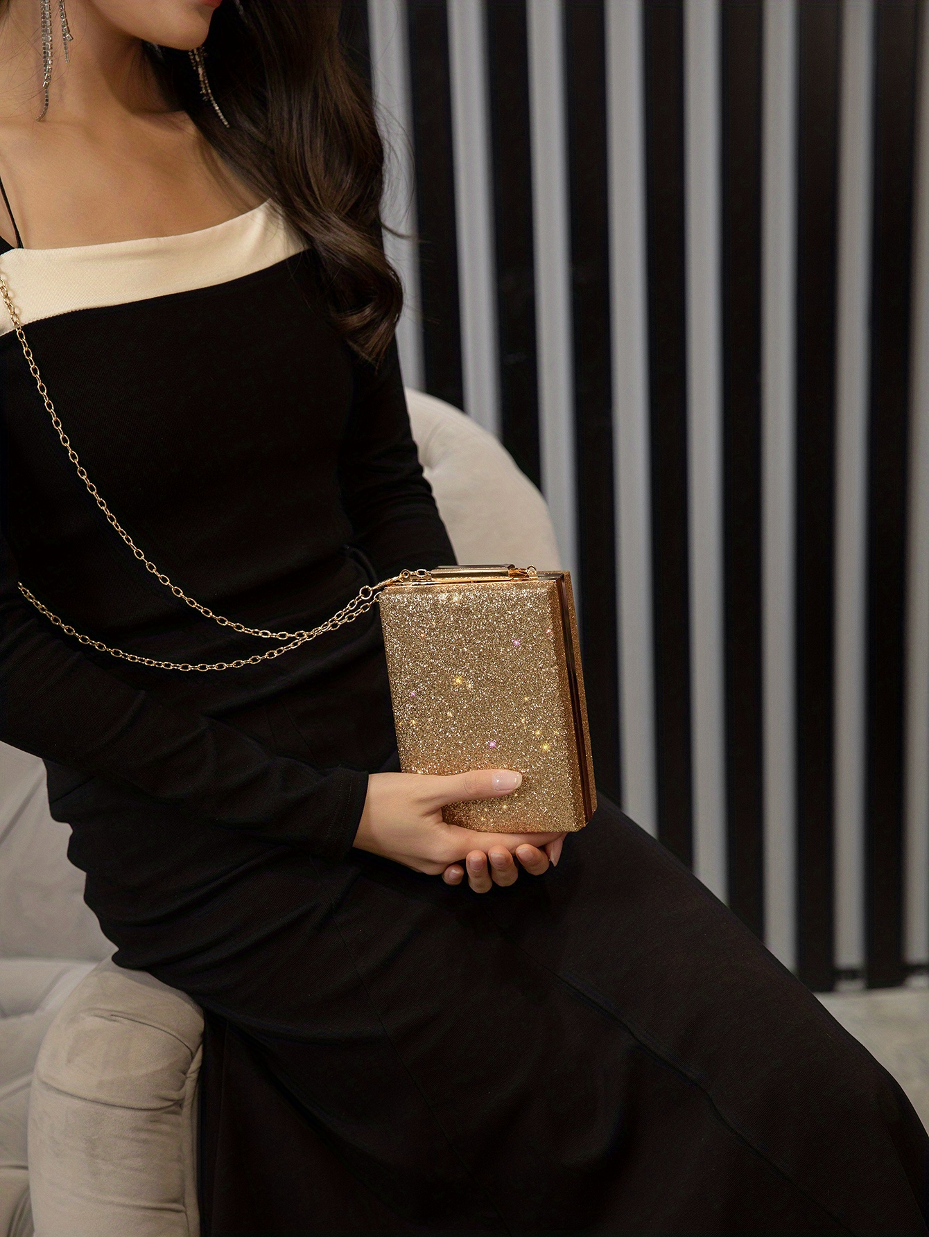 Glitter Box Evening Bag, Rhinestone Chain Clutch Purse, Women's Square  Handbags For Party Wedding Prom