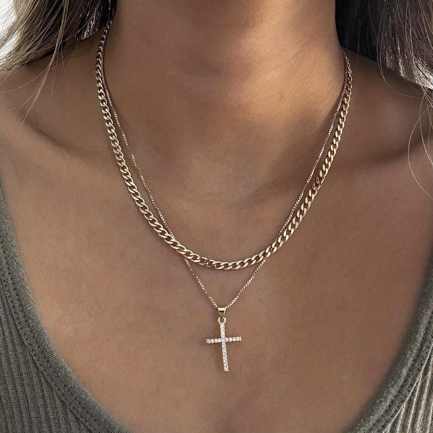 stackable chain necklace cross shape pendant adjustable neck jewelry for women girls 1 pc golden 2 11