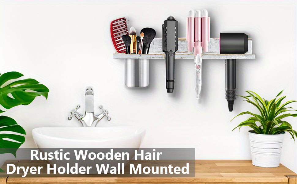 Lzhevsk wooden hair dryer holder rustic hair tool organizer, hair brush  holder blow dryer curling iron