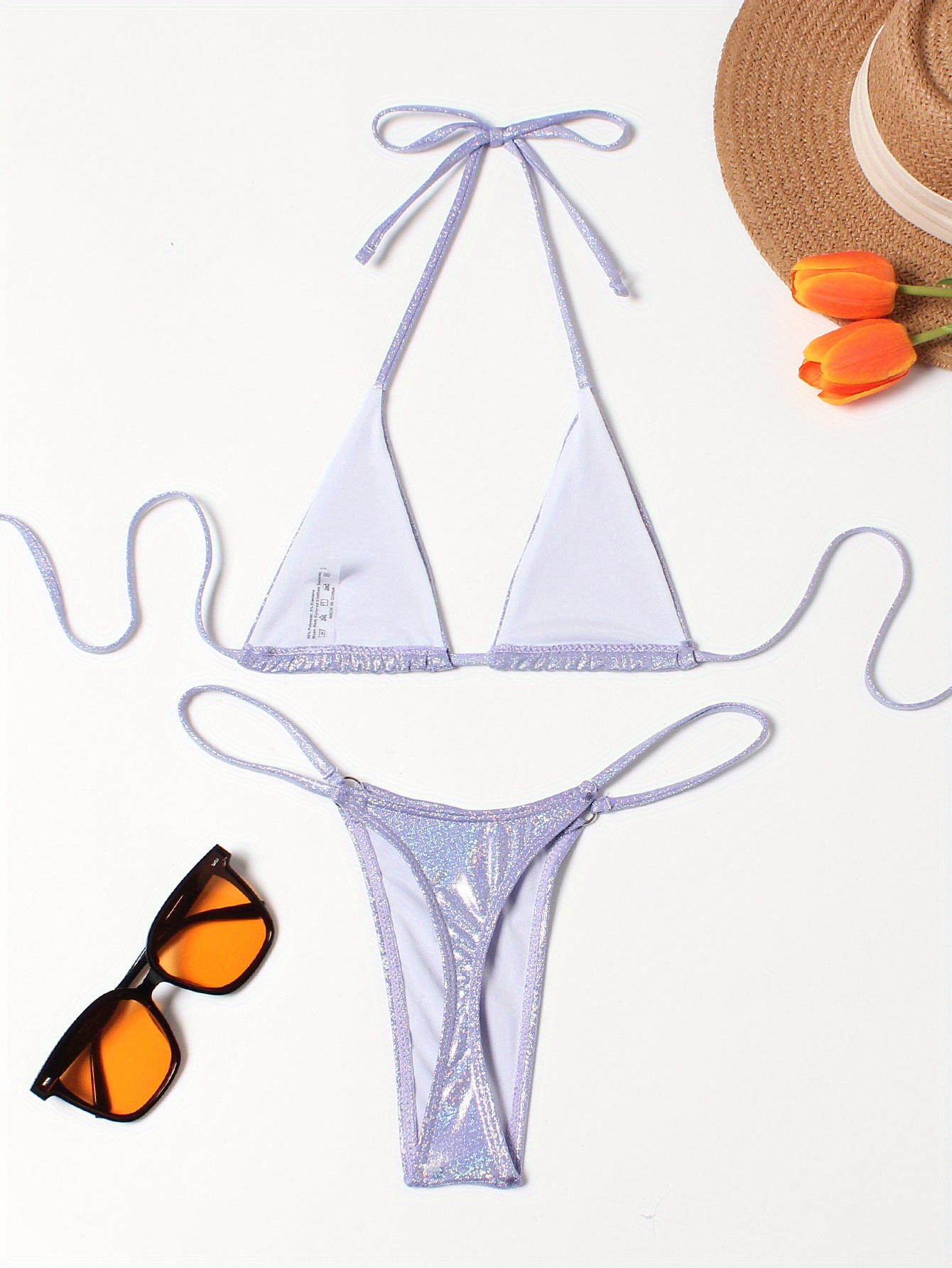 Metal Luster Halter Ring Triangle Bikini Spaghetti Straps Temu