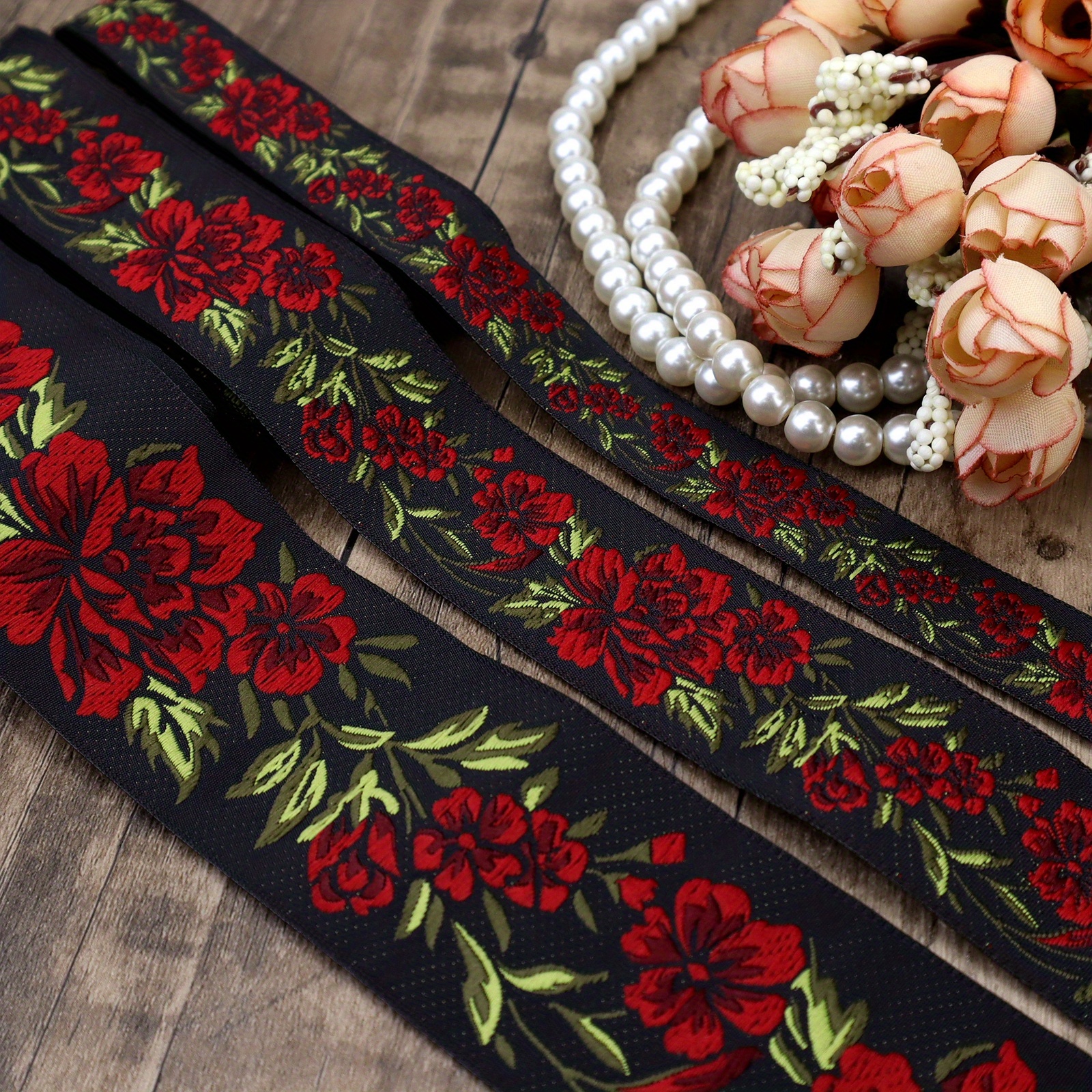 Rose Woven Jacquard Fabric Ribbon Trim, Red Rose Jacquard Embroidered Ribbon,  Rose Embroidered Ribbon 