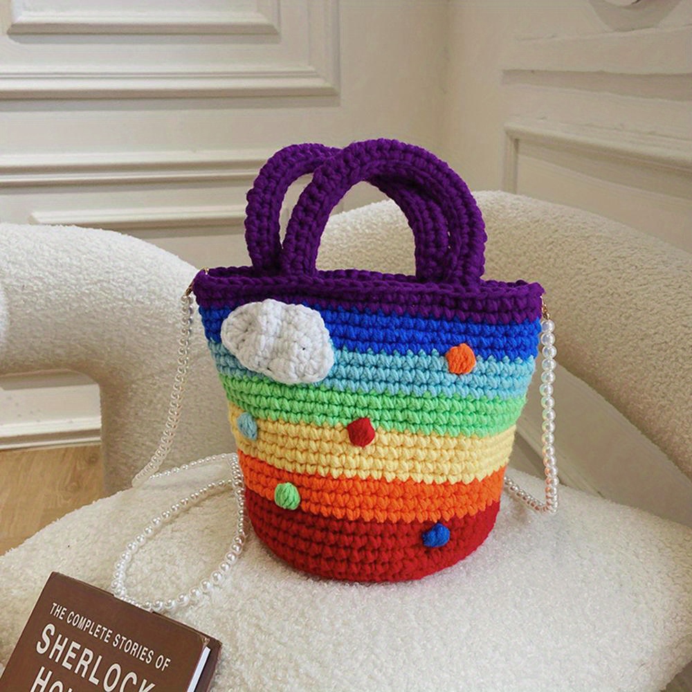 Rainbow Crochet Bag For Women, Cute Knitted Shoulder Bags, Clouds