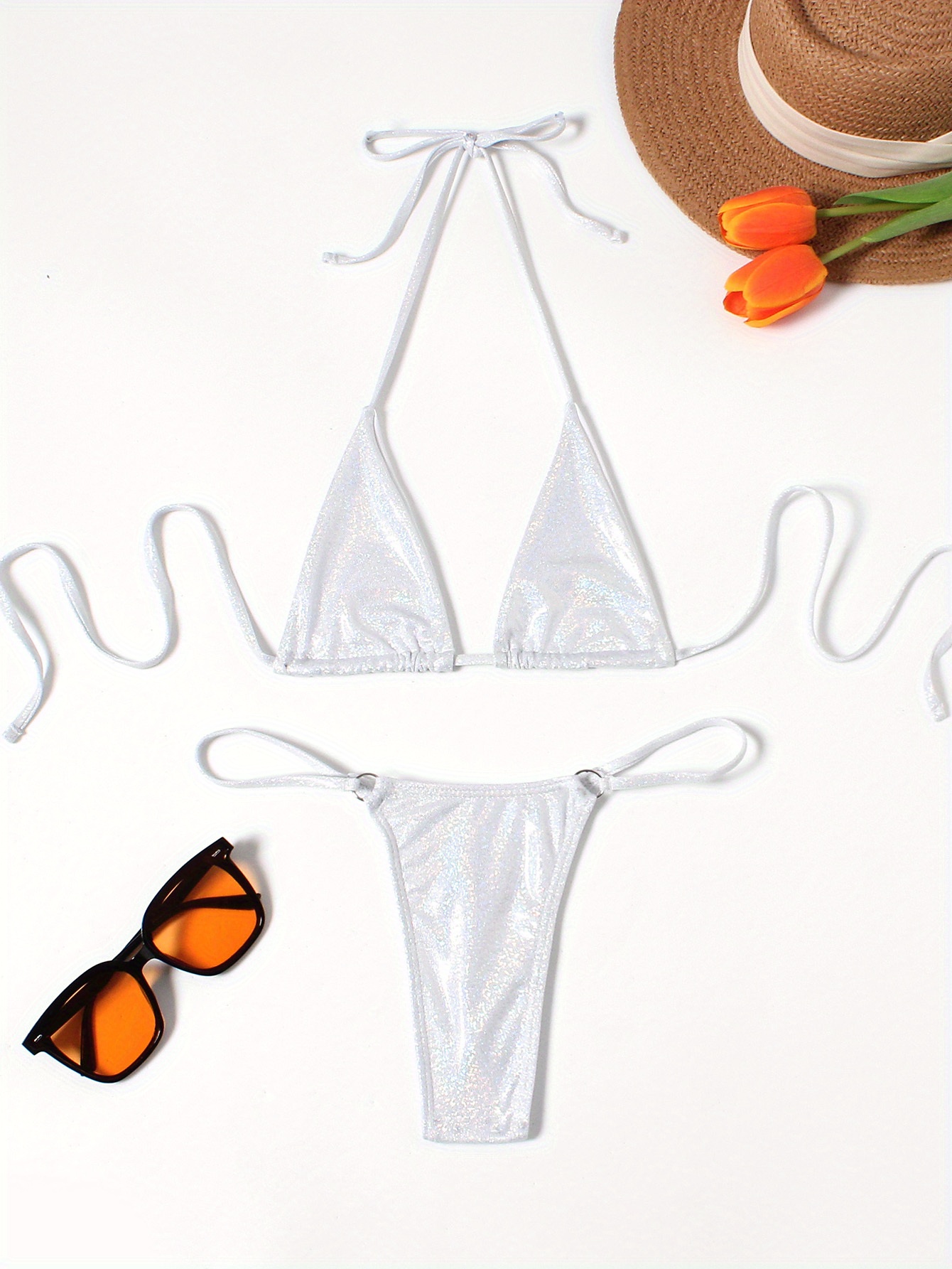 Metallic Halter Triangle Thong Bikini Set - Cider