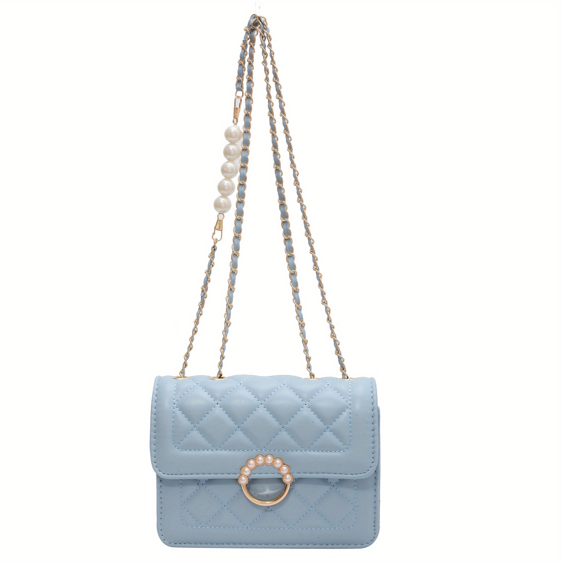 Chanel Shoulder Bag Pearl Chain Handle Blue